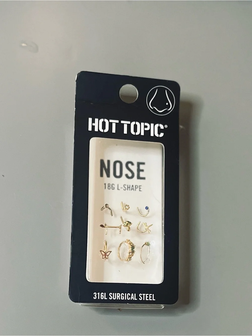 Hot Topic Nose Stud Set 9 Pack 18G L-Shape Gold Butterfly Mushroom NWT